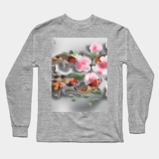 Cherry blossoms and koi carp in grey water Long Sleeve T-Shirt